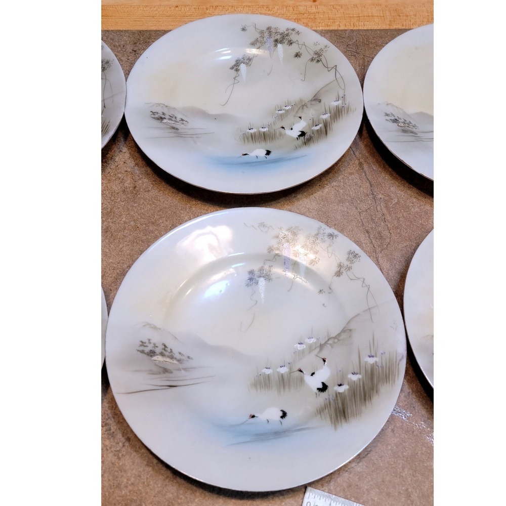Set of 6 Vintage Hand Painted Japanese Porcelain Crane Plates 7.25 Inch Gold Rim